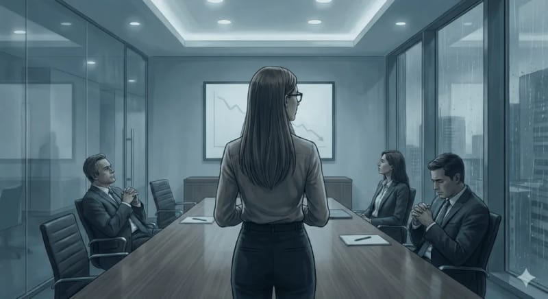 Momento de silencio en sala de reuniones después de presentar hallazgos difíciles de investigación UX