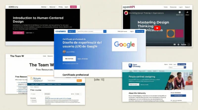 Captura de pantalla de plataformas de cursos gratuitos como Coursera y OpenLearn para aprender UX Research